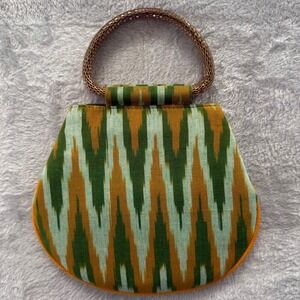 👜 Vintage Green &‎ Gold Ikat Fabric Clutch with Metal Handle